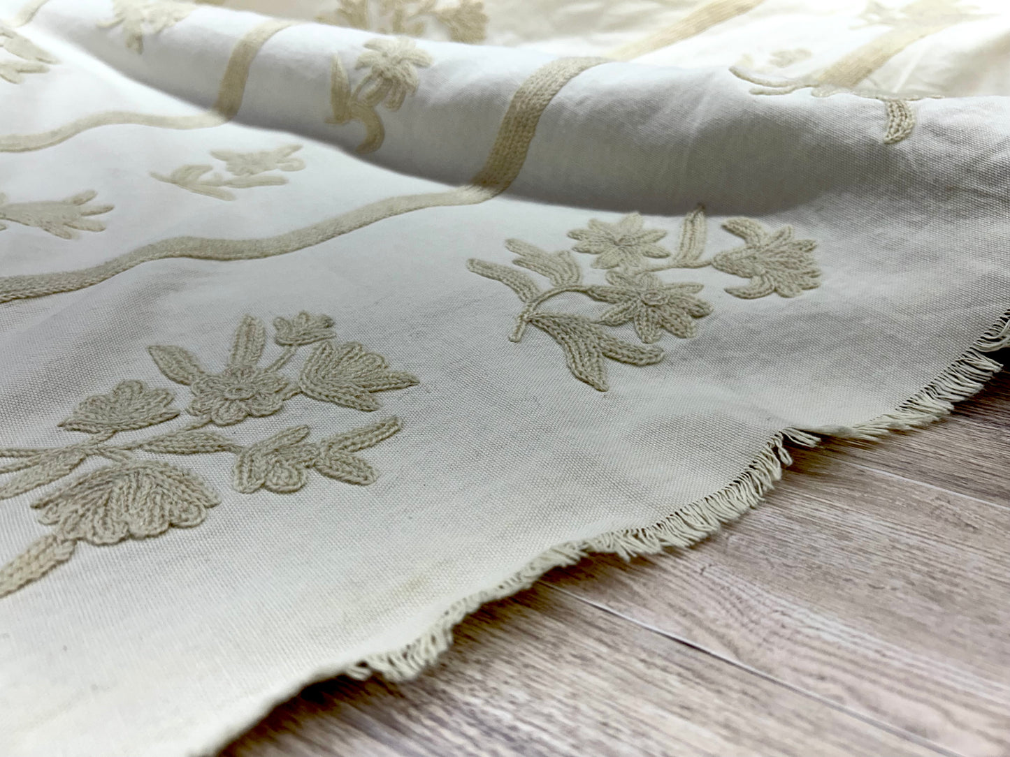 Embroidered Floral Stripe Fabric – Ivory & Taupe
