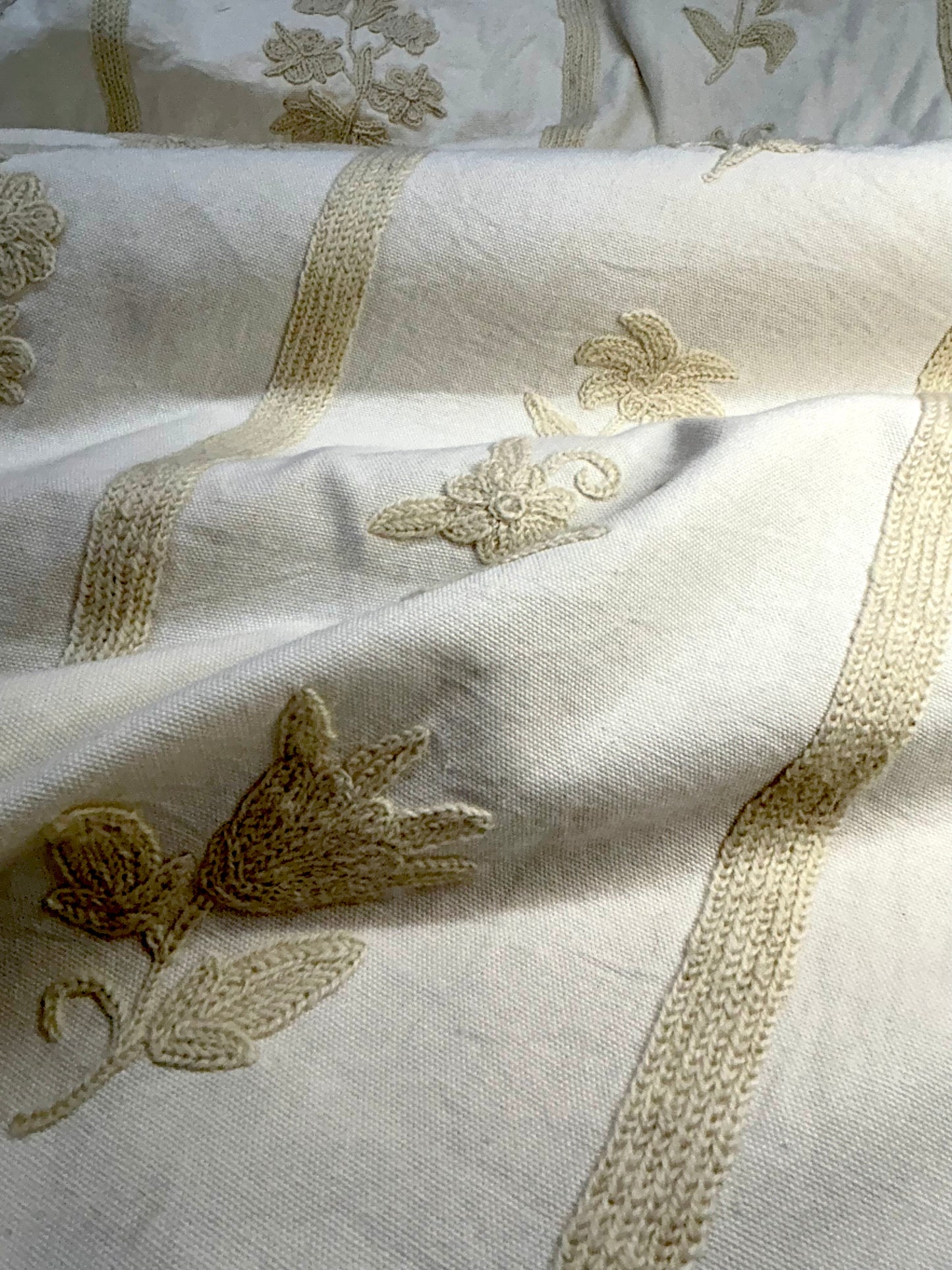 Embroidered Floral Stripe Fabric – Ivory & Taupe