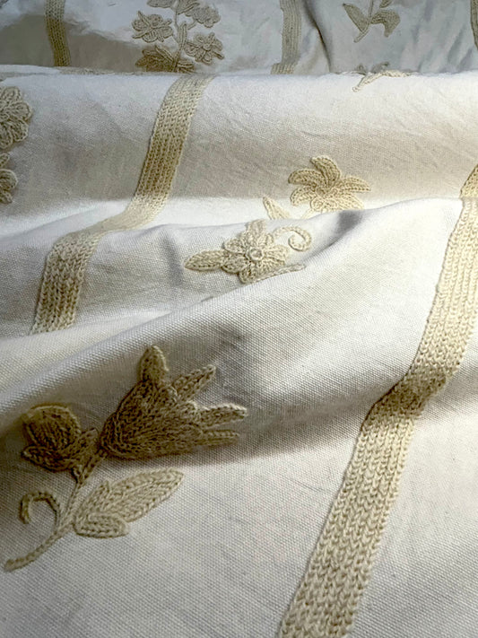 Embroidered Floral Stripe Fabric – Ivory & Taupe